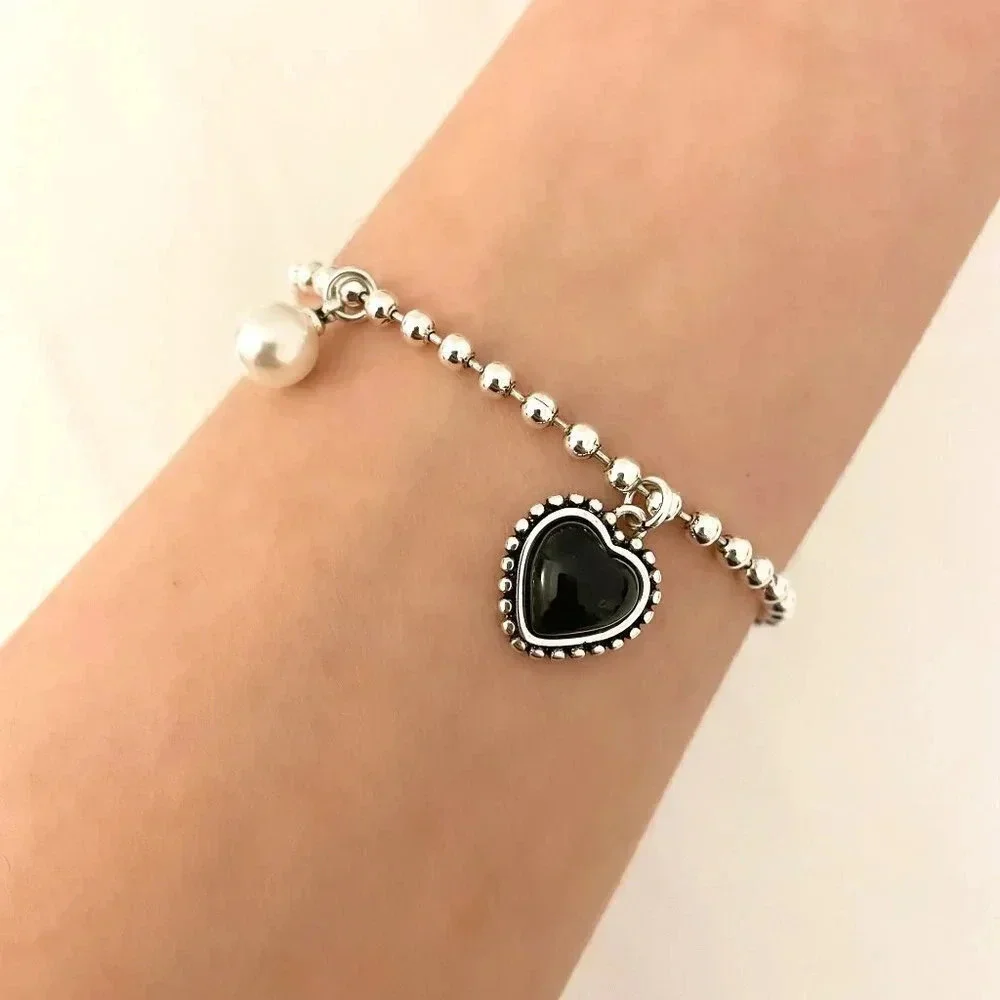 925 Sterling Silver Dainty Bead Bracelet Minimalist Heart & Pearl Charm Bracelet
